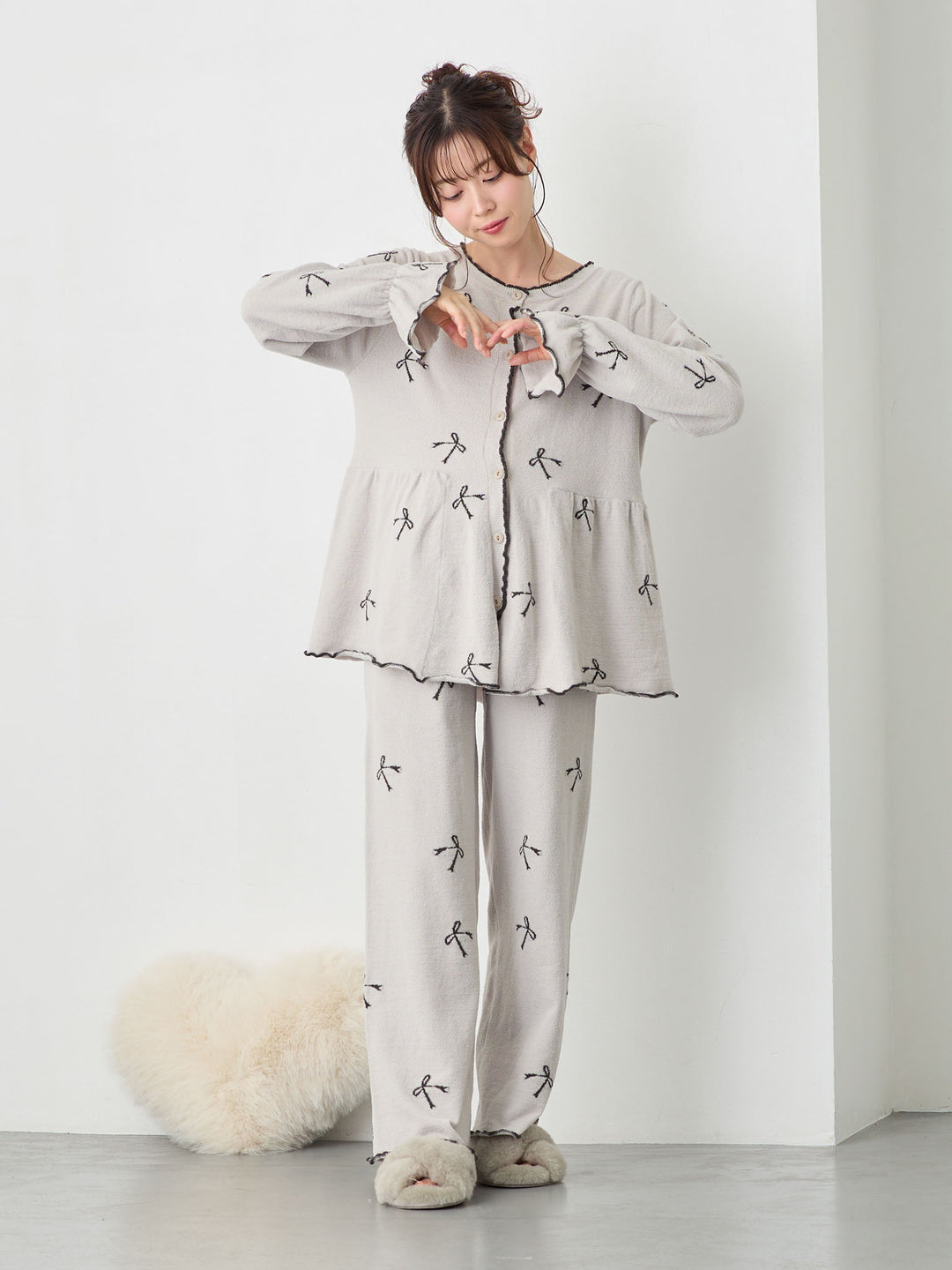 リボンふわパジャマセット Light gray