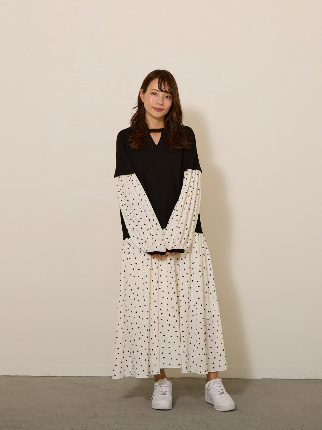 [Maternity/Nursing Clothes] Layered style heart print dress with nursing opening 
