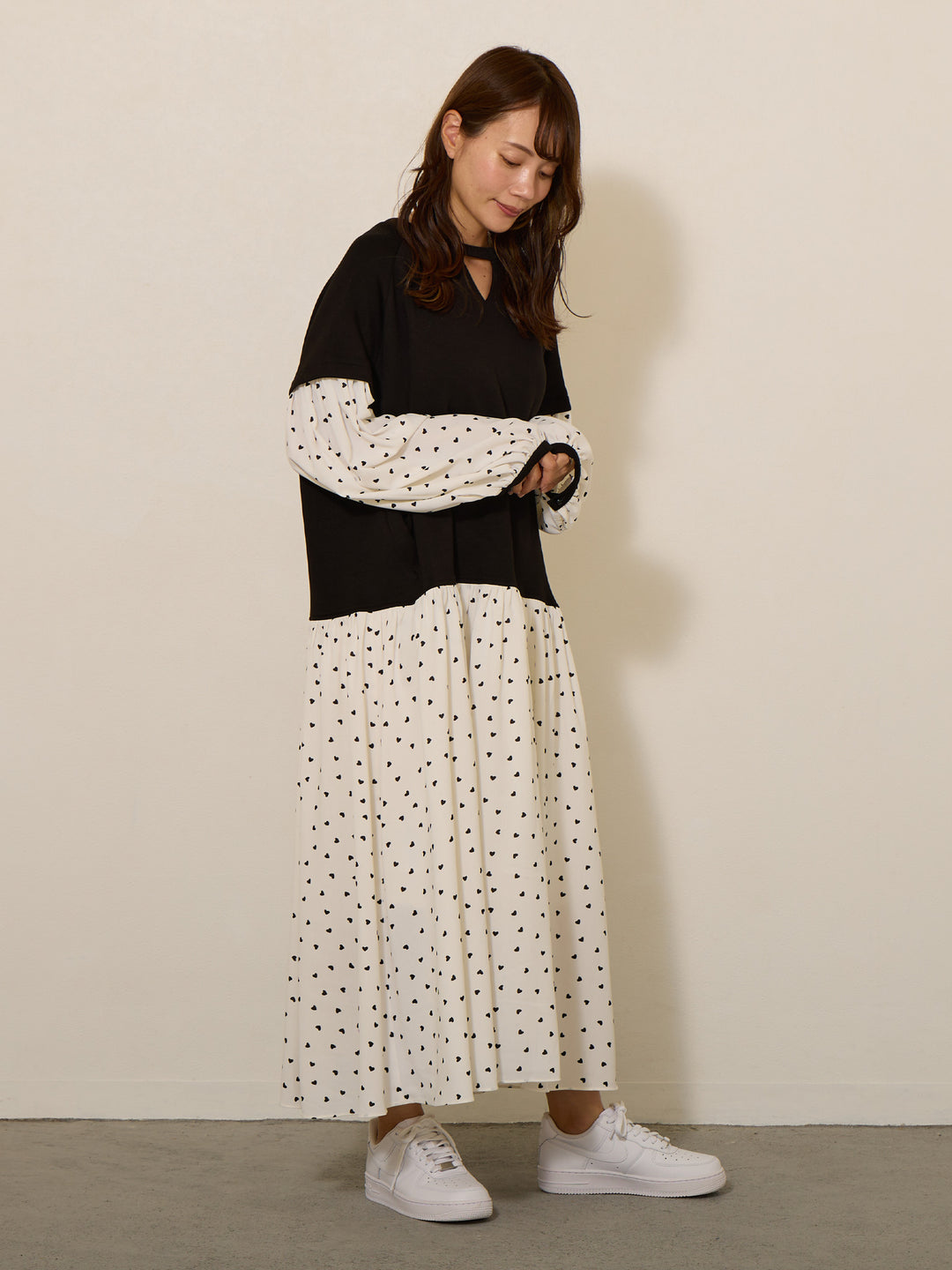 [Maternity/Nursing Clothes] Layered style heart print dress with nursing opening 