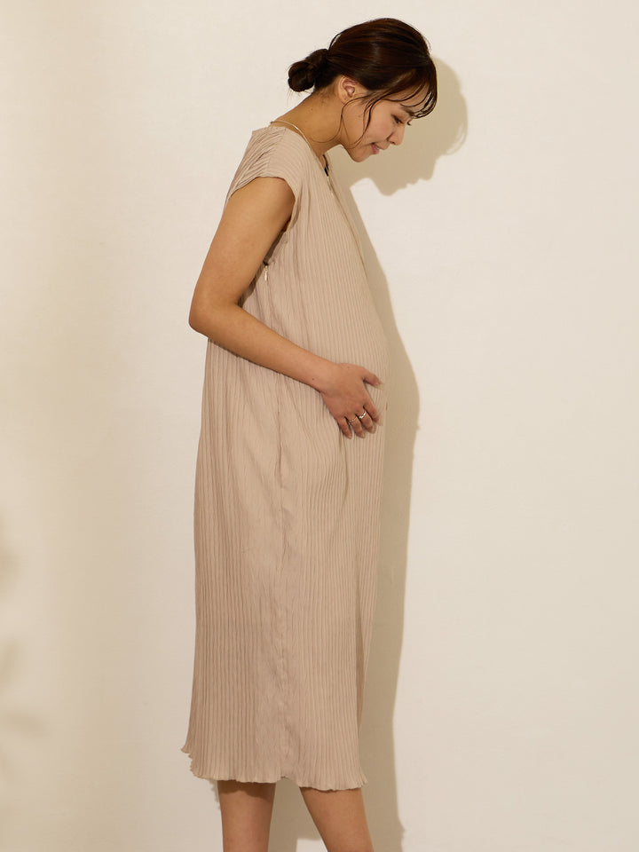 [Maternity/Nursing Clothes] Sleeveless pleated dress Light Beige 