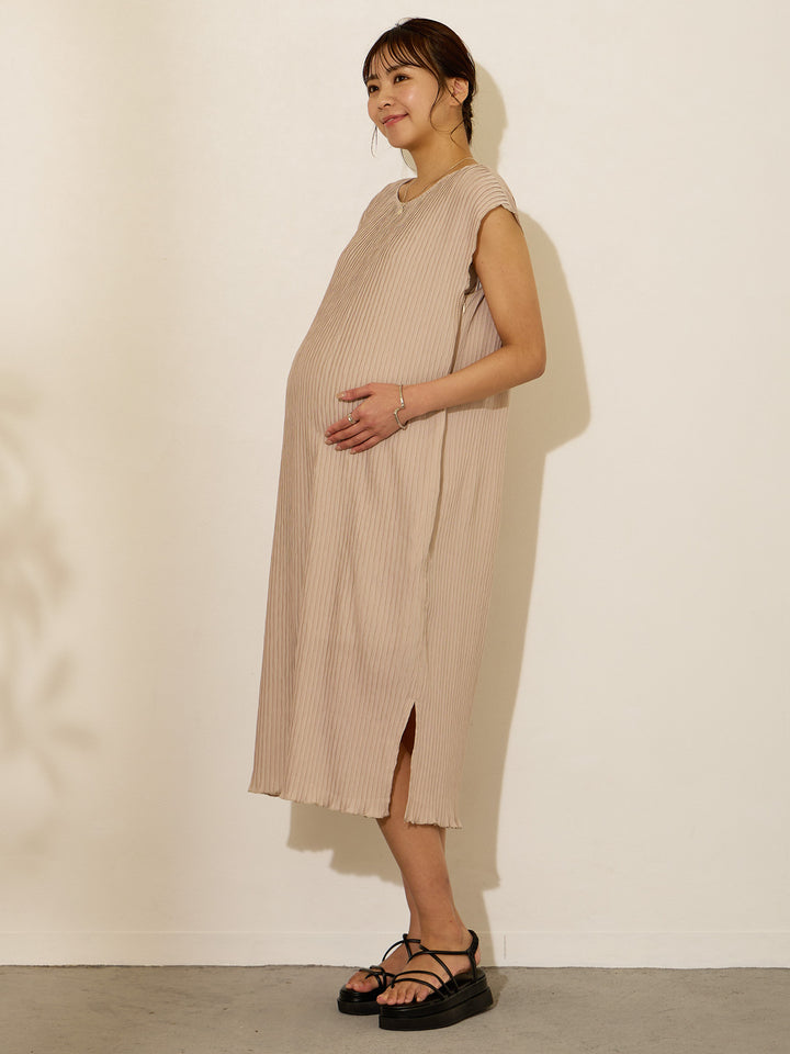 [Maternity/Nursing Clothes] Sleeveless pleated dress Light Beige 