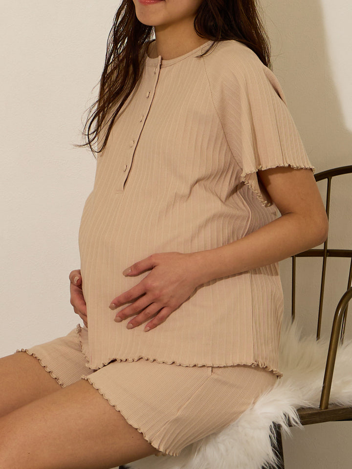 【孕妇/哺乳衣】罗纹柔和原卷睡衣套装 米色