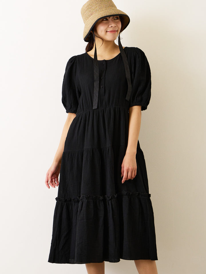 [Maternity/Nursing Clothes] Double Gauze Tiered Dress Black 