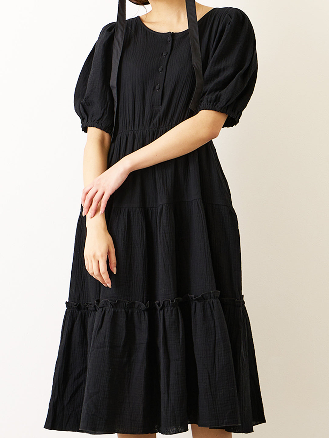 【孕妇/哺乳衣】双层纱布分层连衣裙黑色