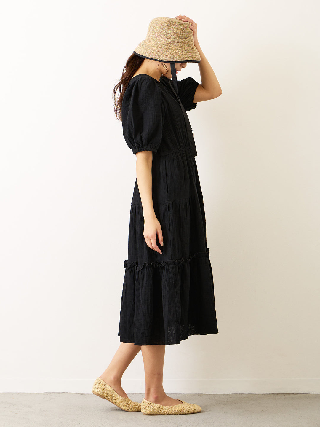 [Maternity/Nursing Clothes] Double Gauze Tiered Dress Black 