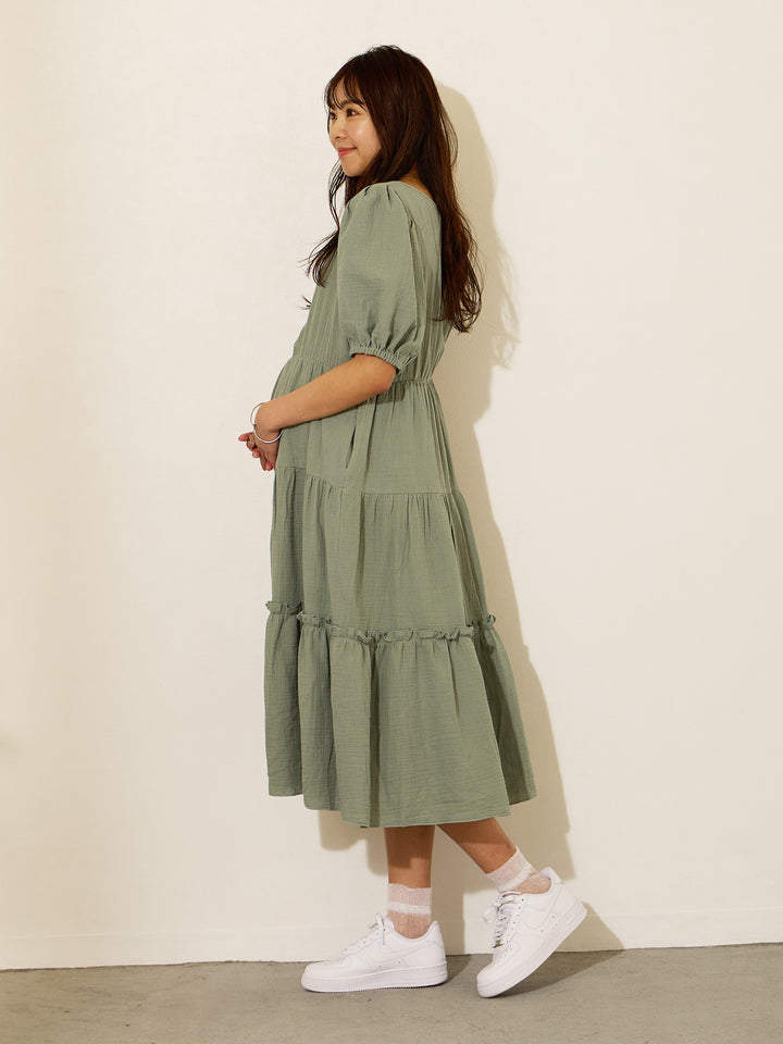 [Maternity/Nursing Clothes] Double Gauze Tiered Dress Green 