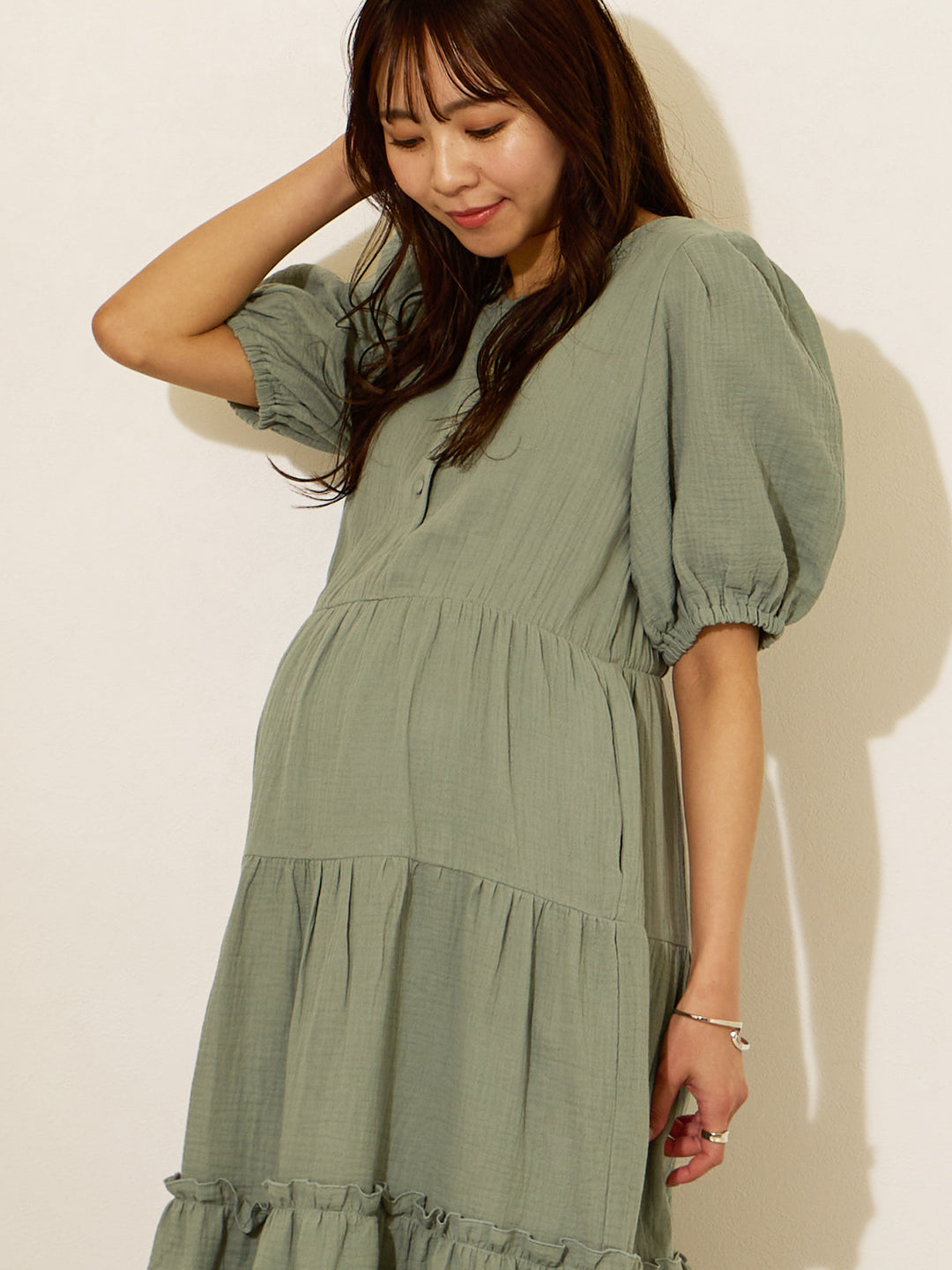 【孕妇/哺乳衣】双层纱布叠层连衣裙绿色
