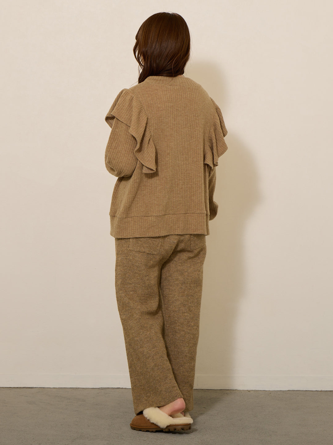 蓬松罗纹针织裤，米色