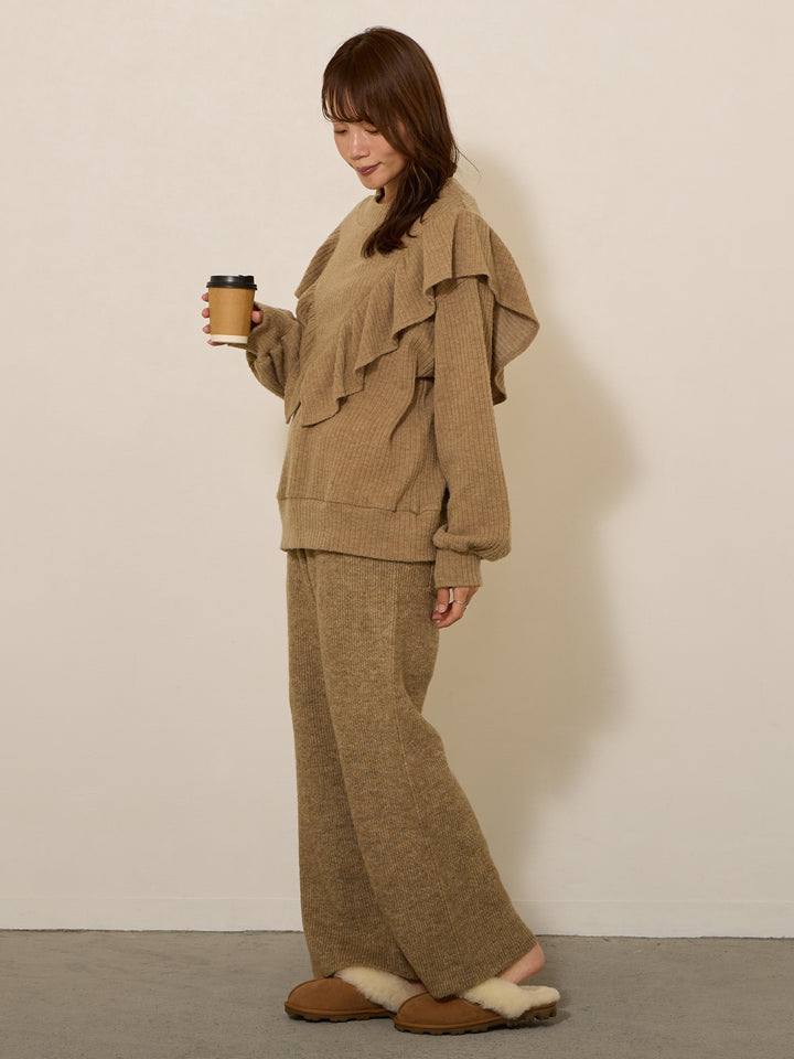 蓬松罗纹针织裤，米色