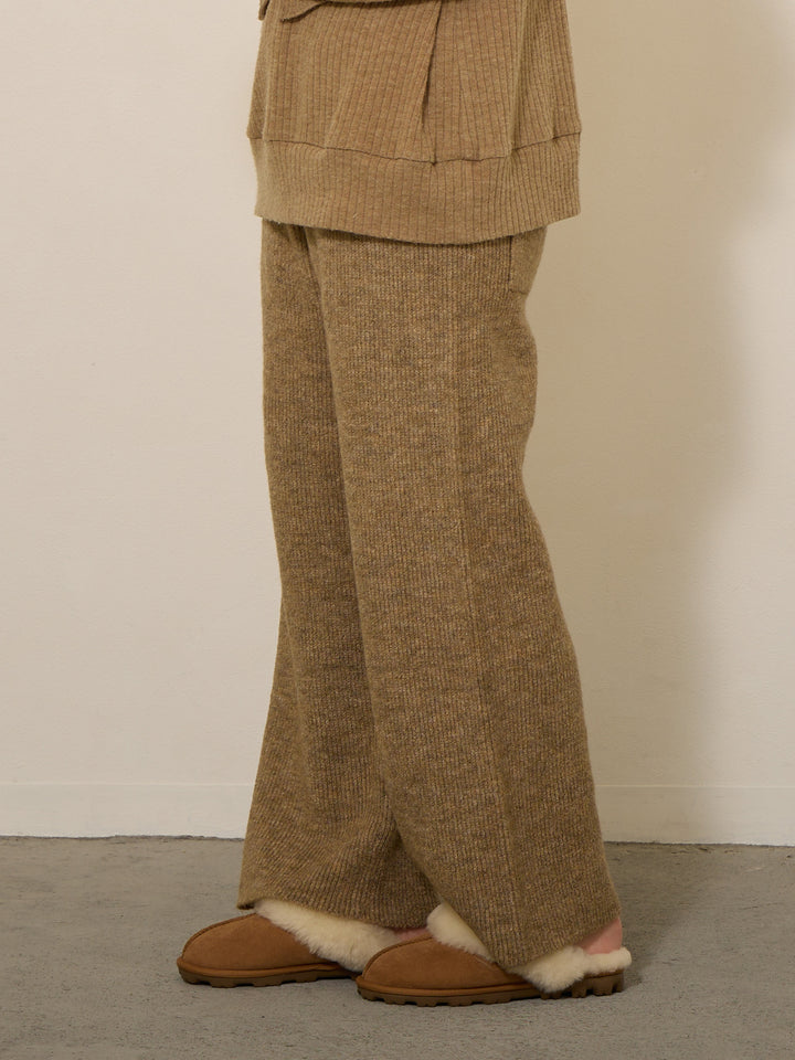 蓬松罗纹针织裤，米色