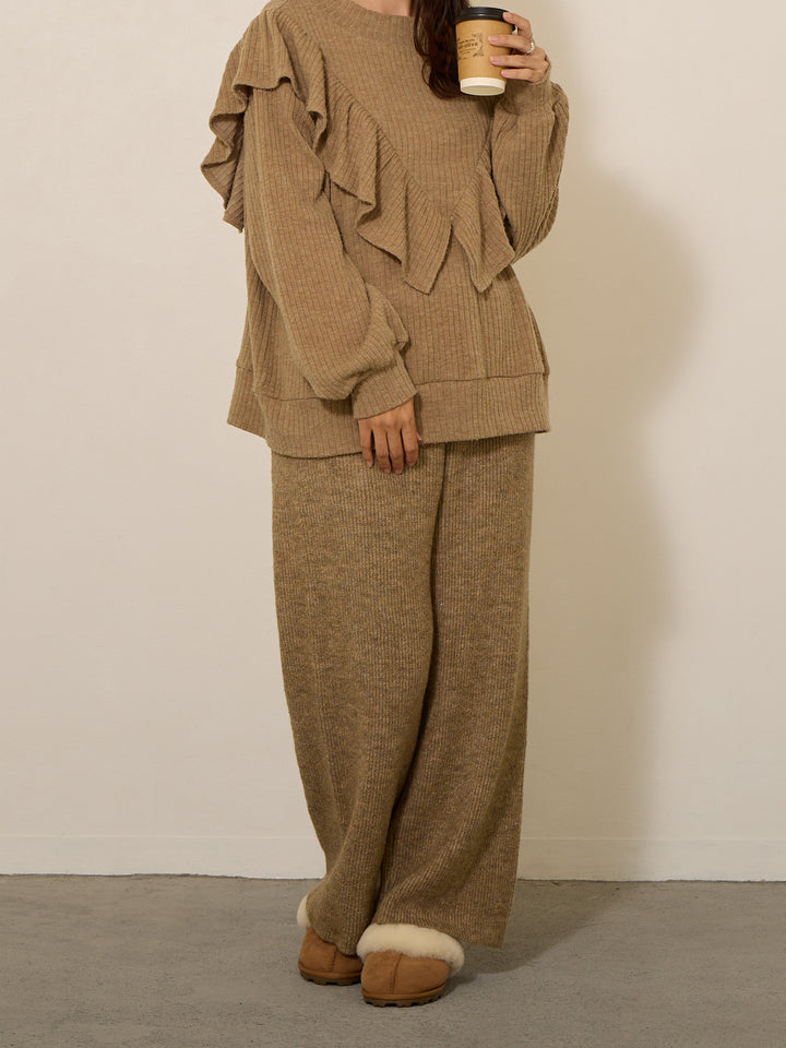 蓬松罗纹针织裤，米色