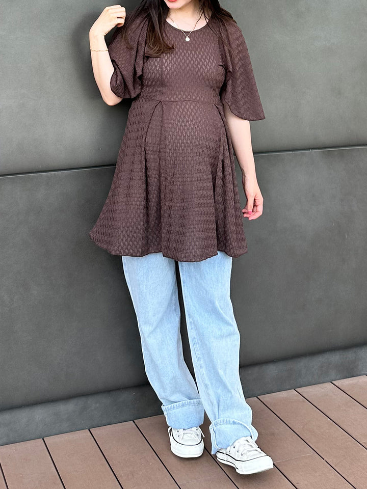[Maternity/Nursing Clothes] Cape Sleeve Cut Lace Blouse Brown 