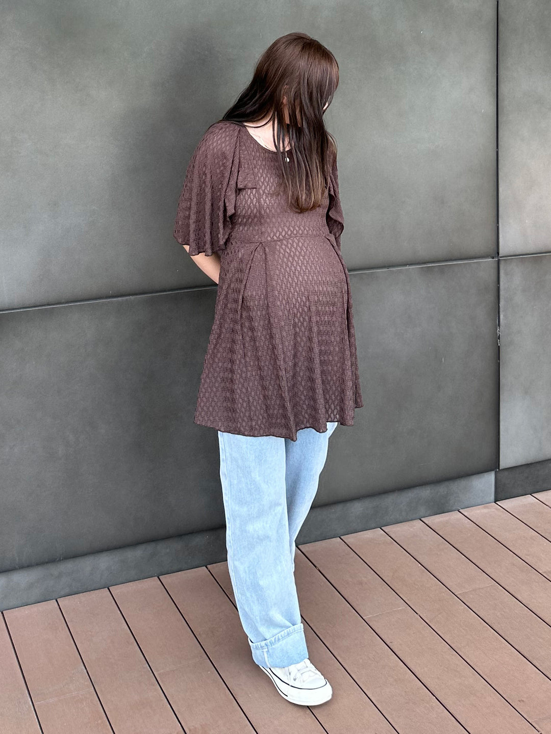 [孕妇/哺乳服] 斗篷袖剪裁蕾丝衬衫 棕色