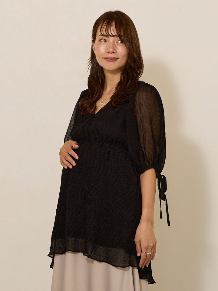 [孕妇/哺乳衣] Cache-coeur 袖丝带衬衫 黑色