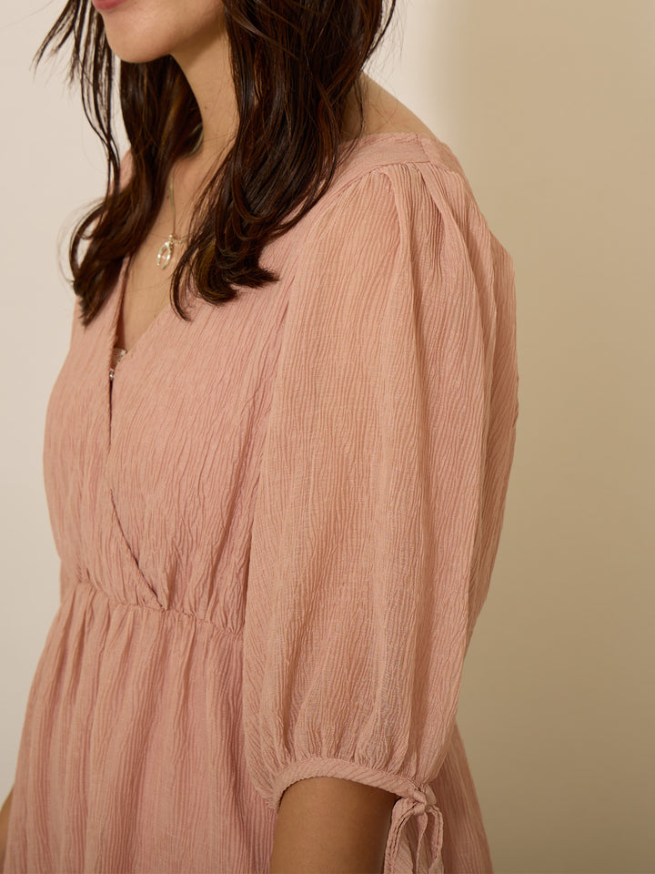 [Maternity/Nursing Clothes] Cache-coeur sleeve ribbon blouse Pink 