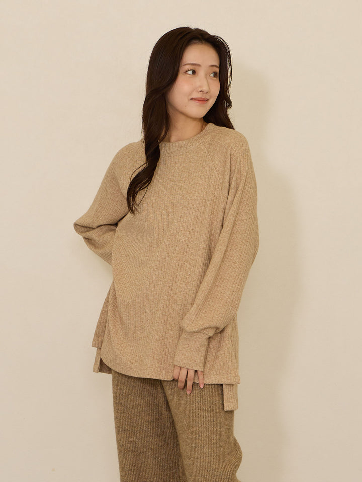 [Maternity/Nursing Clothes] Simple rib knit top with integrated nursing cape Beige