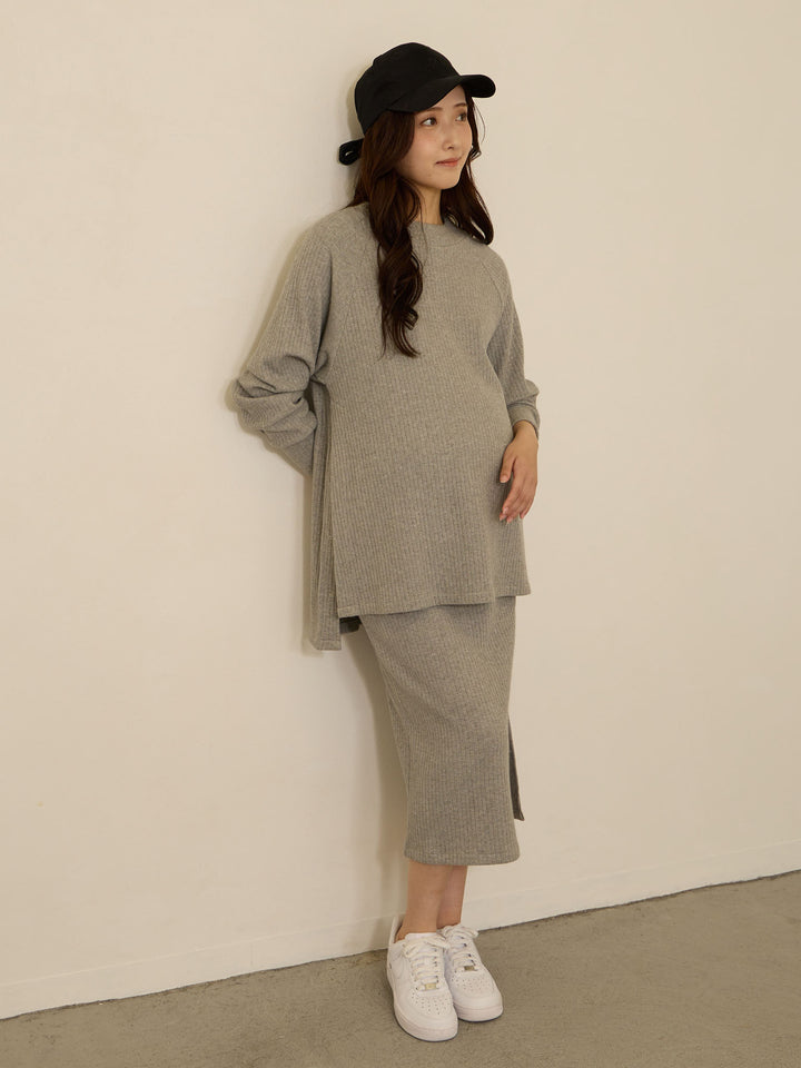 [Maternity/Nursing Clothes] Simple rib knit top with integrated nursing cape Gray