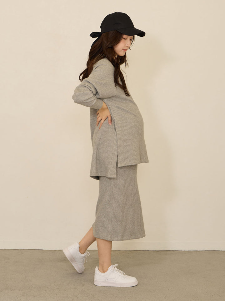 [Maternity/Nursing Clothes] Simple rib knit tight skirt Gray