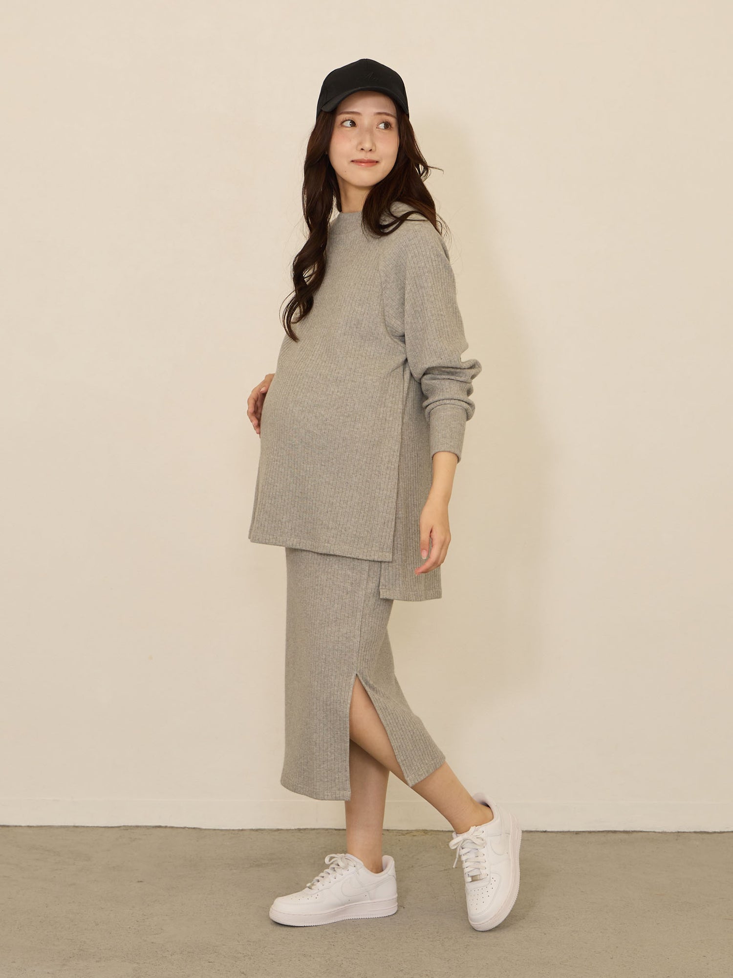 [Maternity/Nursing Clothes] Simple rib knit tight skirt Gray