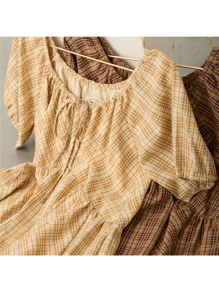 泡泡袖格纹连衣裙 棕色