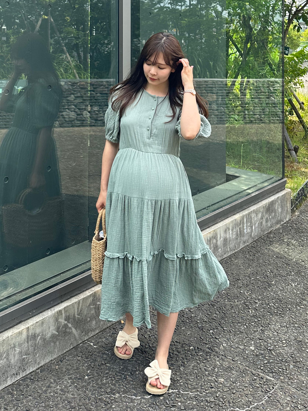 [Maternity/Nursing Clothes] Double Gauze Tiered Dress Green 
