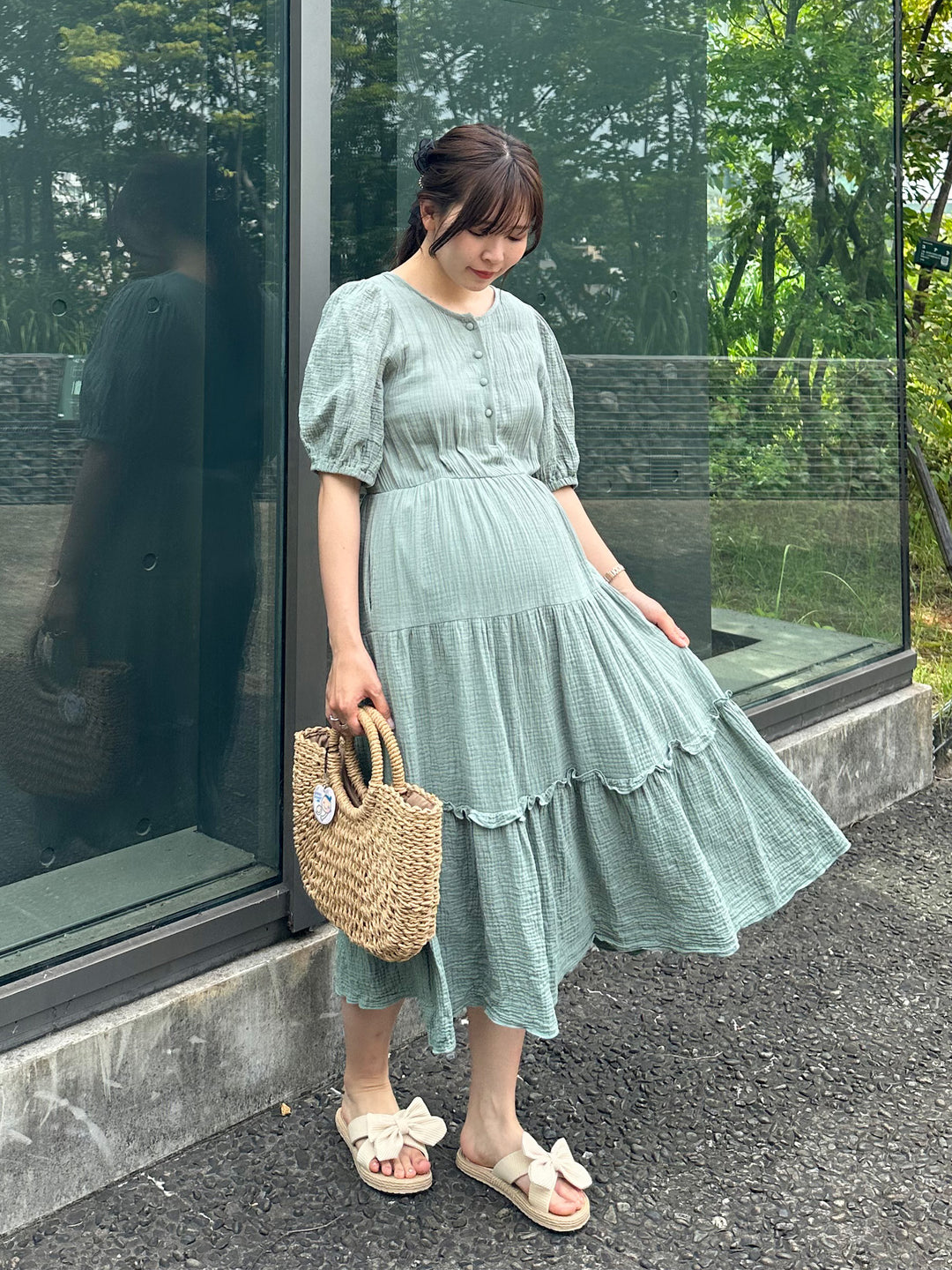 【孕妇/哺乳衣】双层纱布叠层连衣裙绿色