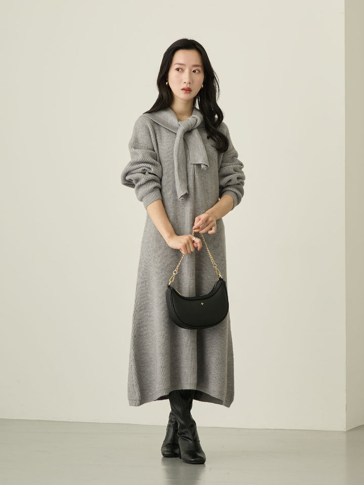 带围巾的连帽针织连衣裙，灰色