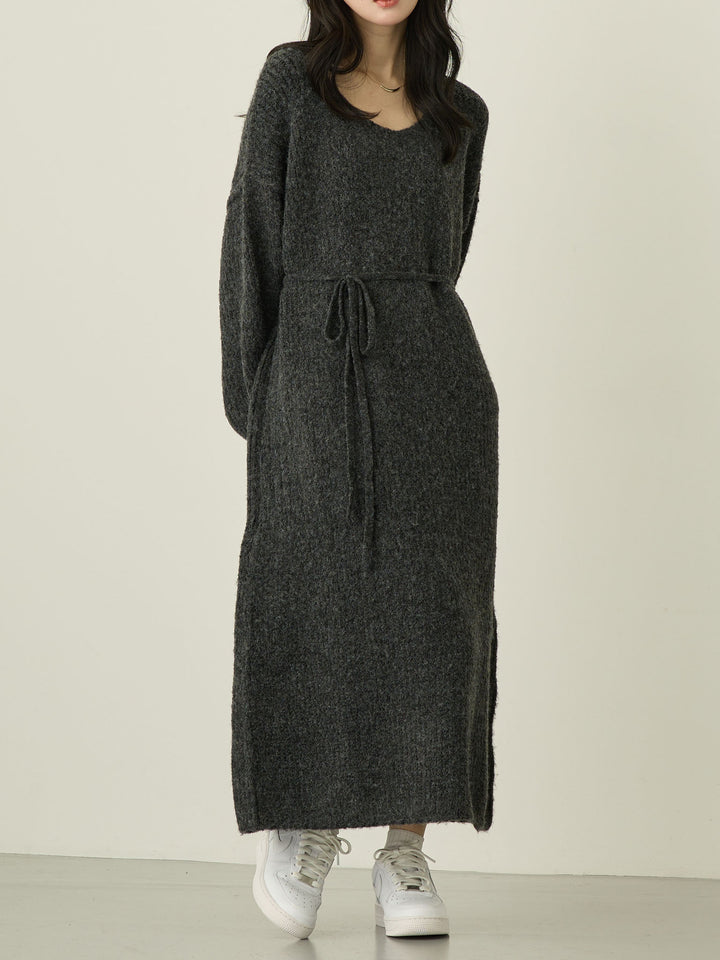 Vネックニットワンピース Charcoal