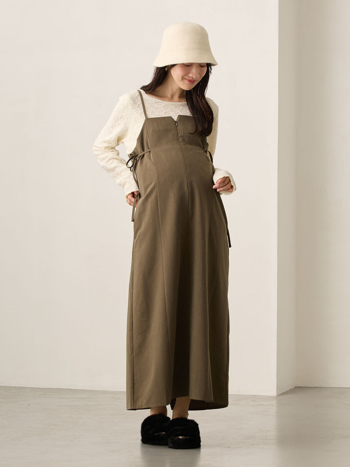 卡其色侧饰蝴蝶结吊带连衣裙