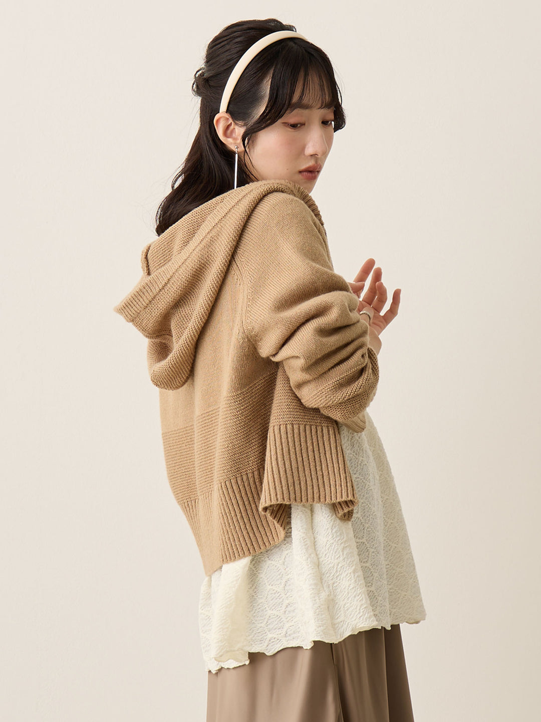 双拉链针织开衫 米色