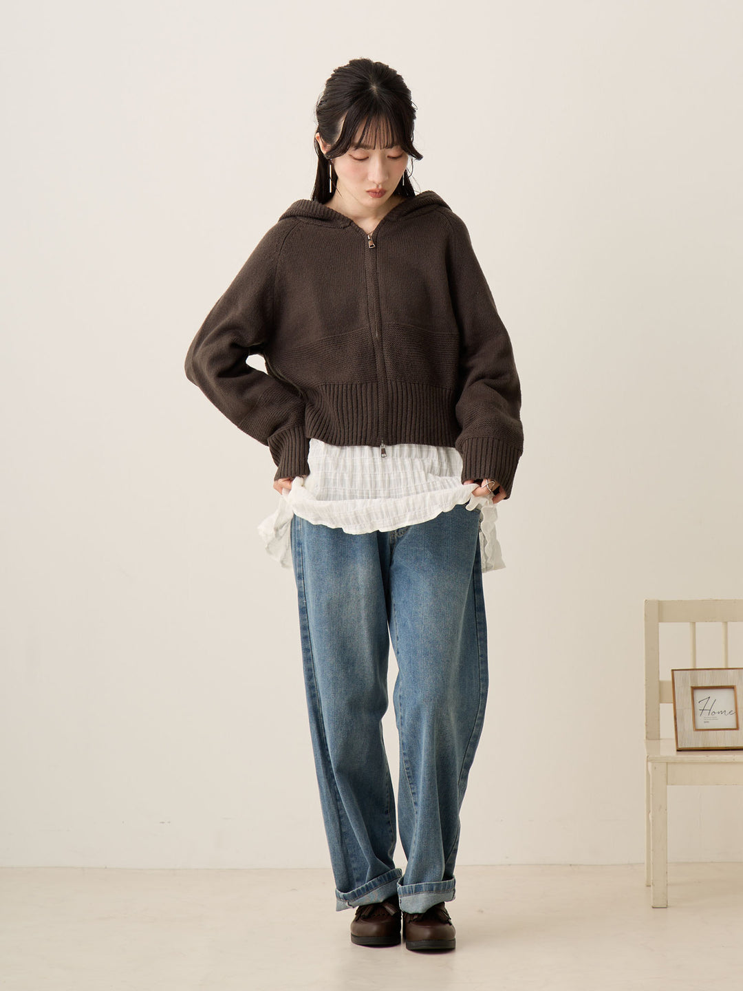 双拉链针织开衫 炭灰色