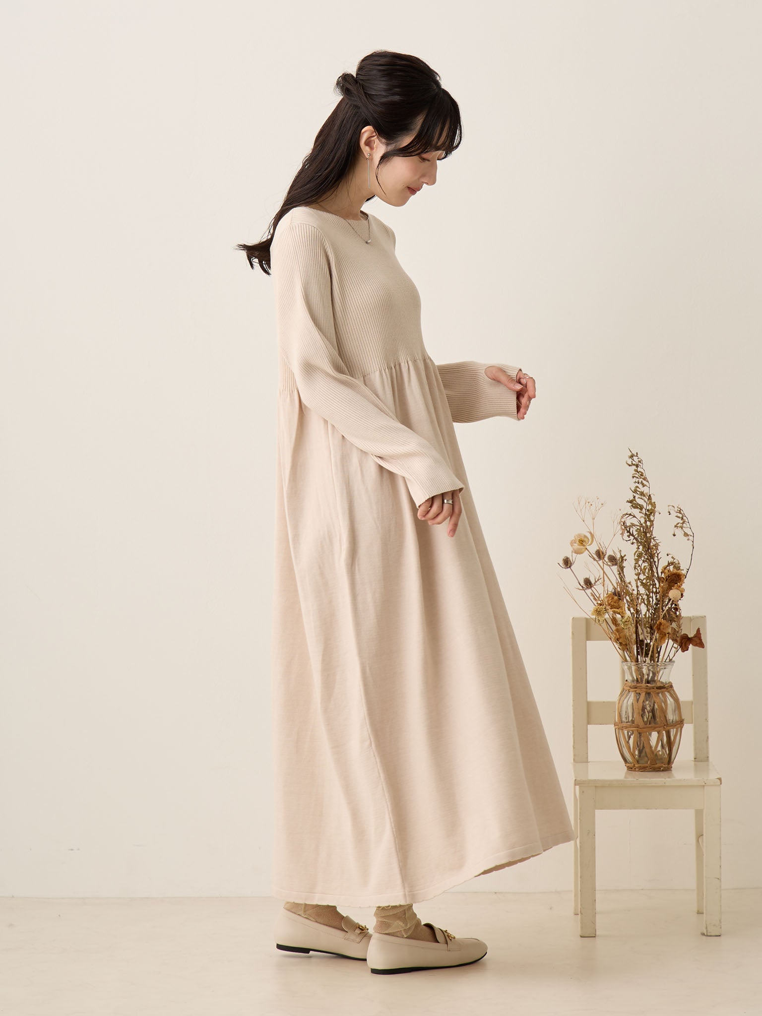 リブニットフレアワンピース Beige