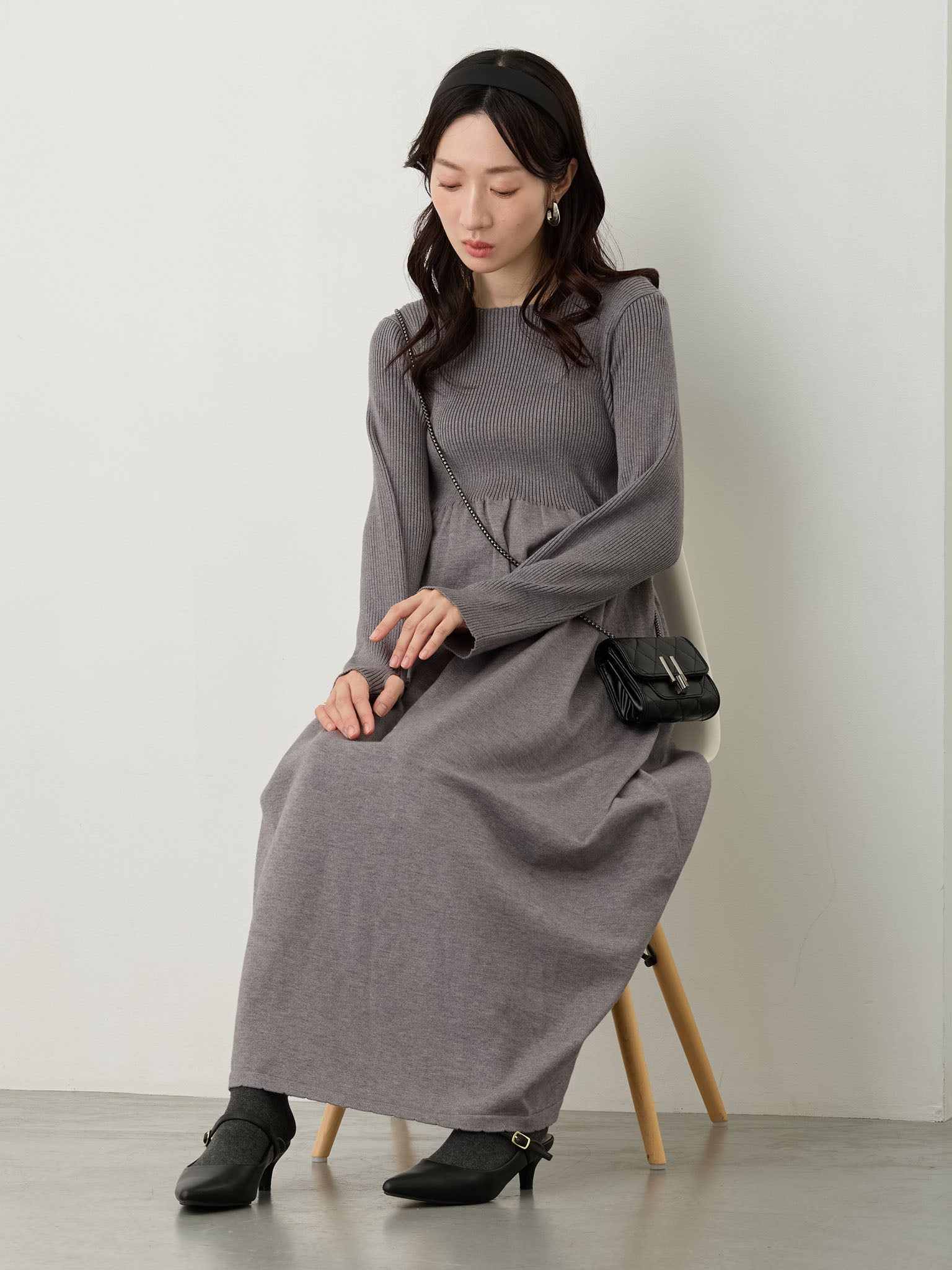 Rib knit flare dress Gray