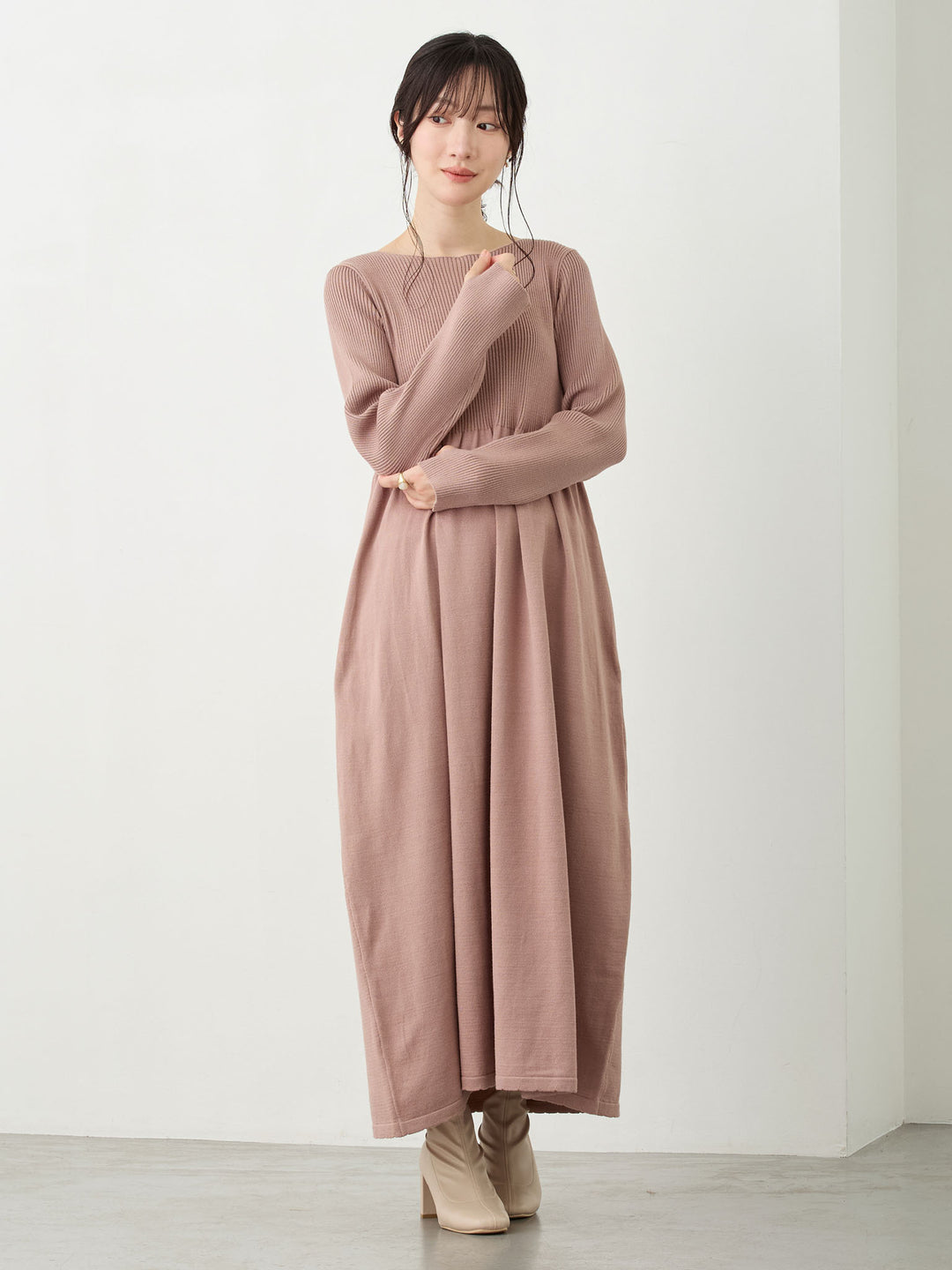 リブニットフレアワンピース Pink beige