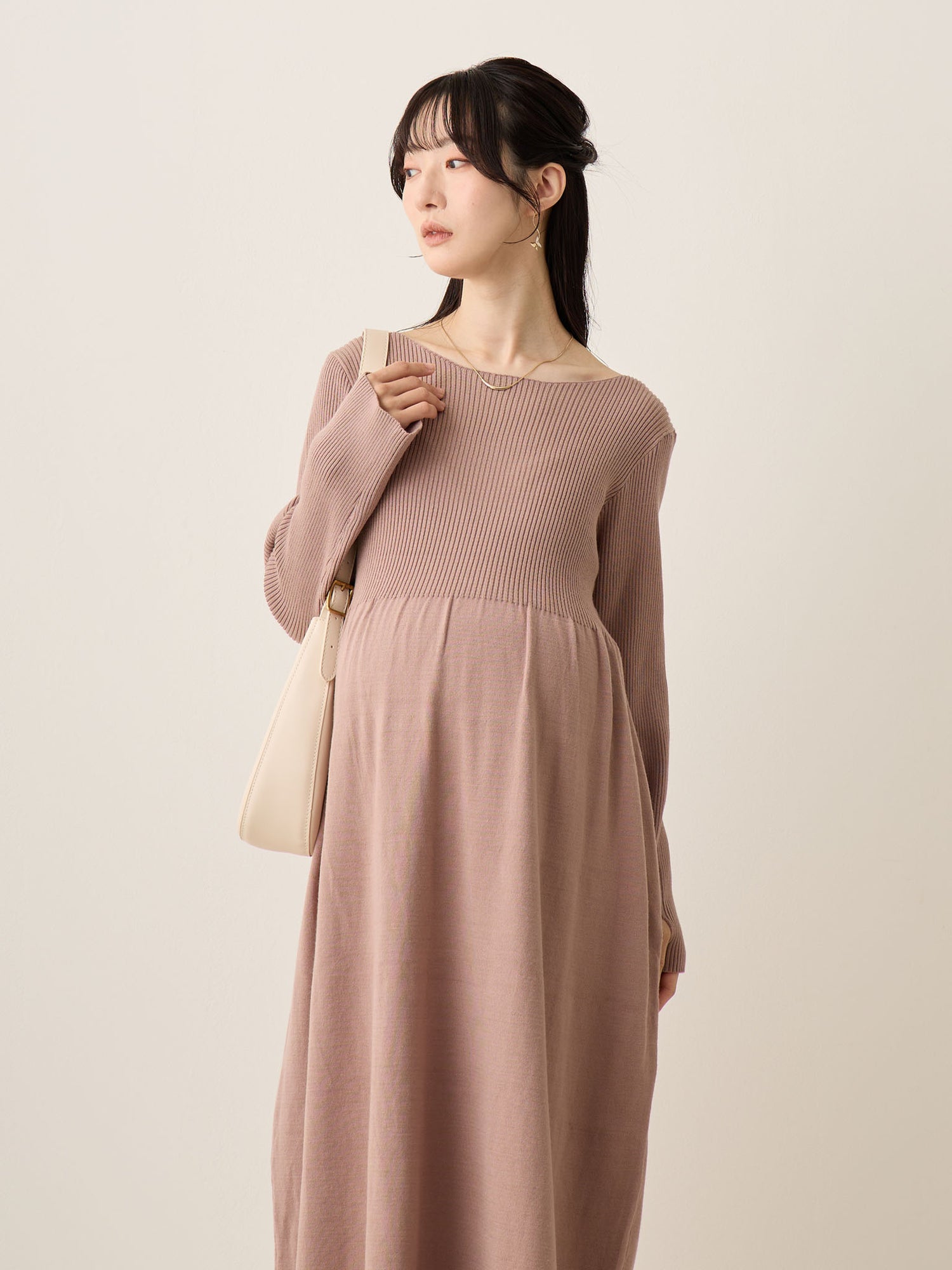 リブニットフレアワンピース Pink beige