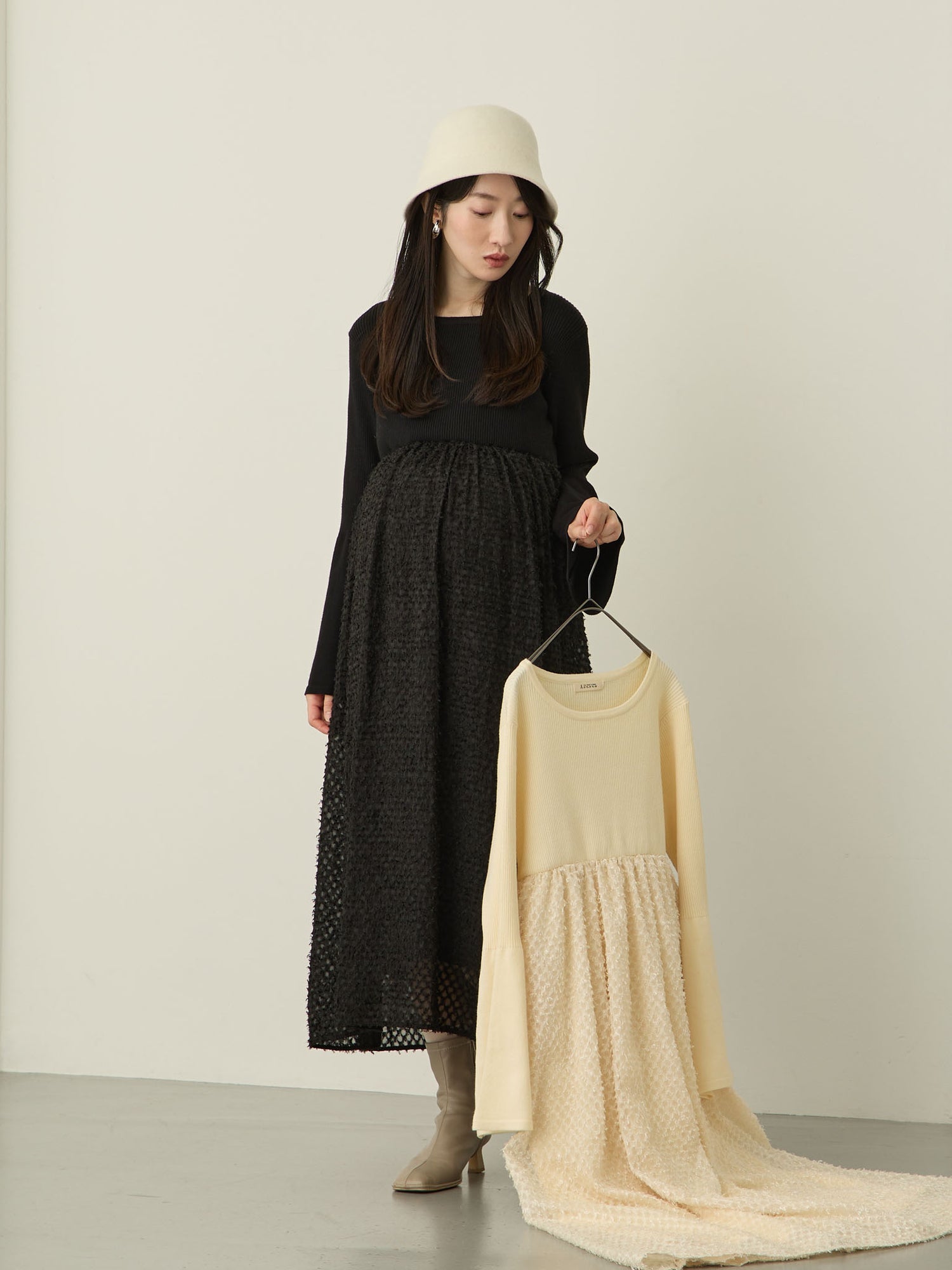 【マタニティ・授乳服】ニットドッキングフェザーワンピース Black