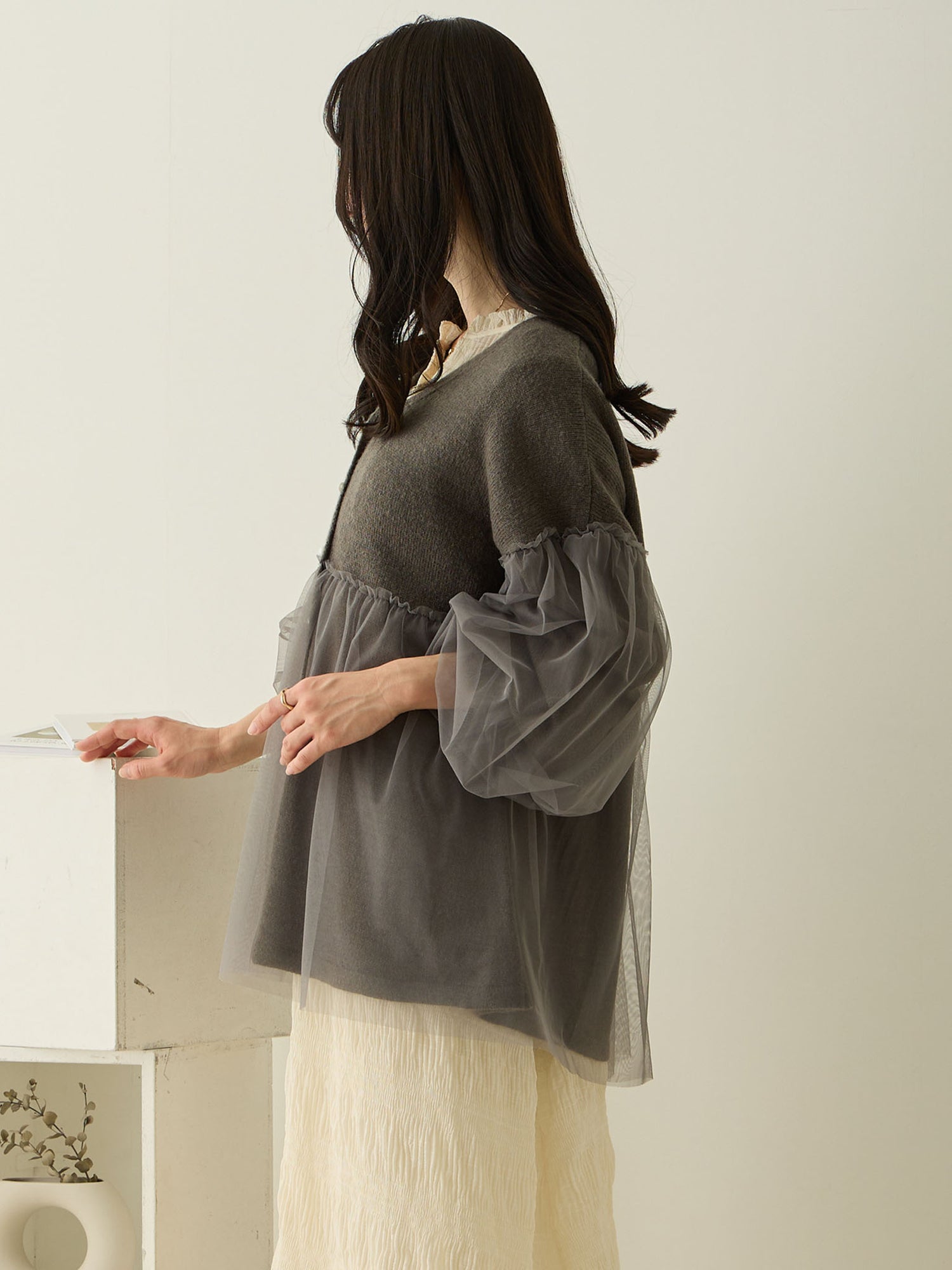 [孕妇装/哺乳装] 薄纱开衫 炭灰色
