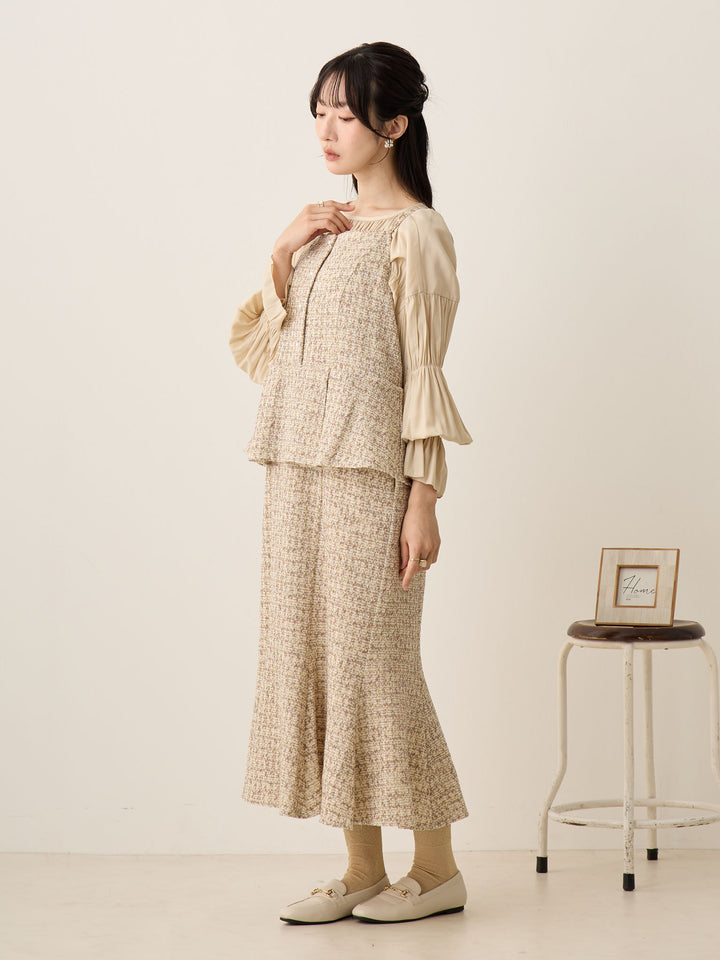 粗花呢吊带连衣裙，米色
