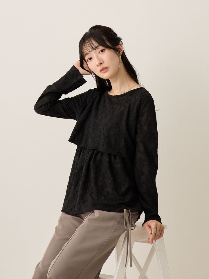 黑色花卉提花上衣