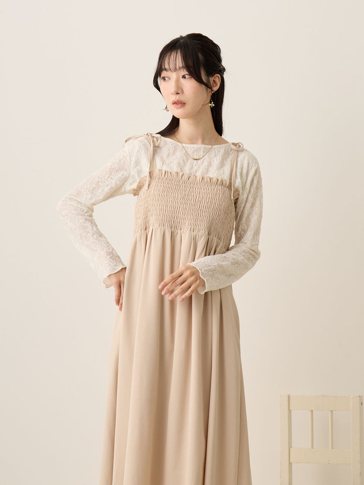 米色褶饰吊带连衣裙