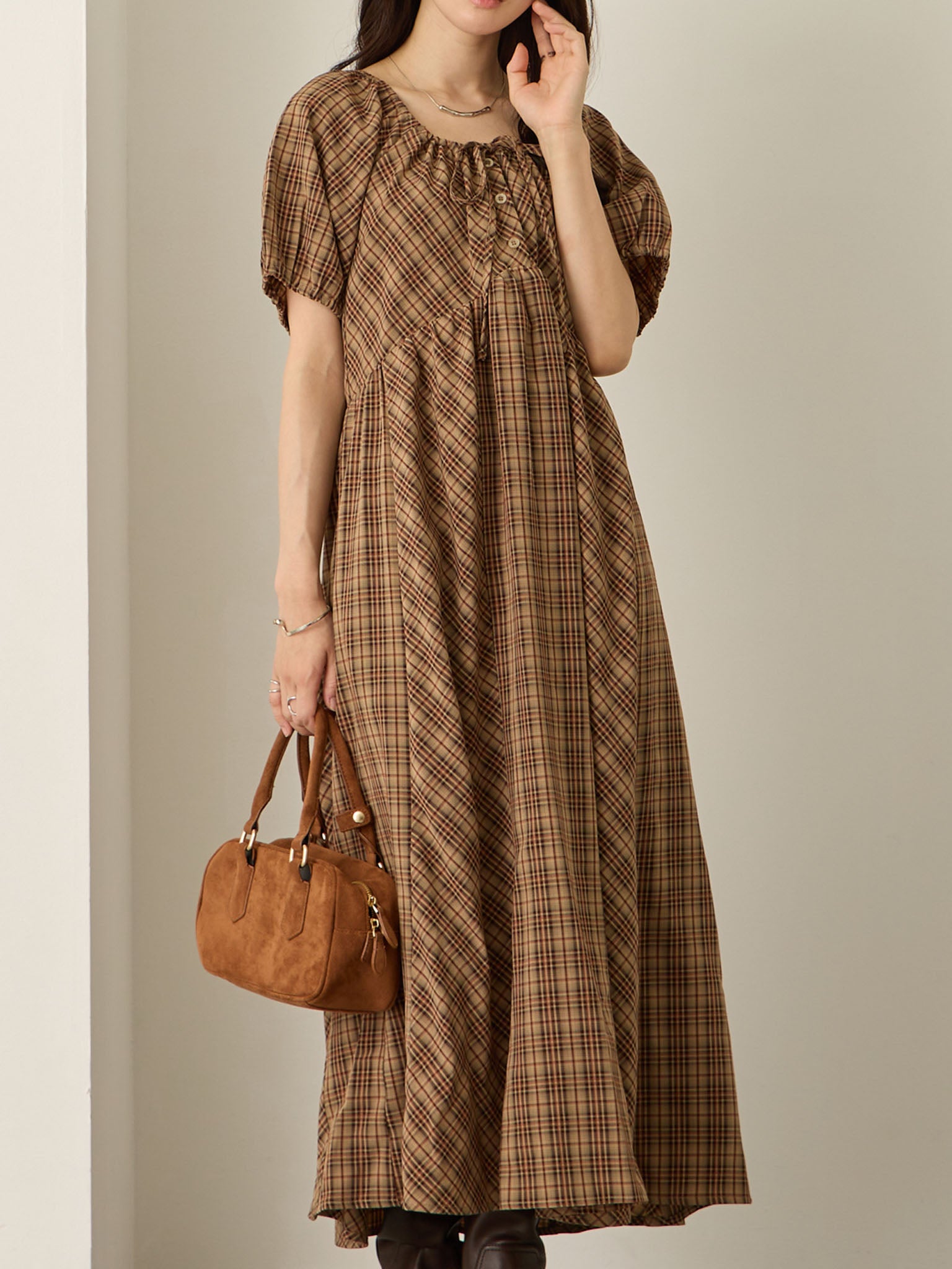 パフスリーブチェックワンピース Brown – honono for mom&baby