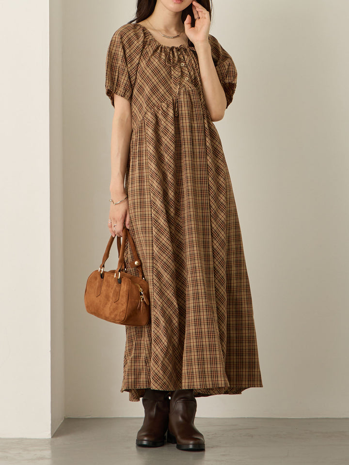 泡泡袖格纹连衣裙 棕色