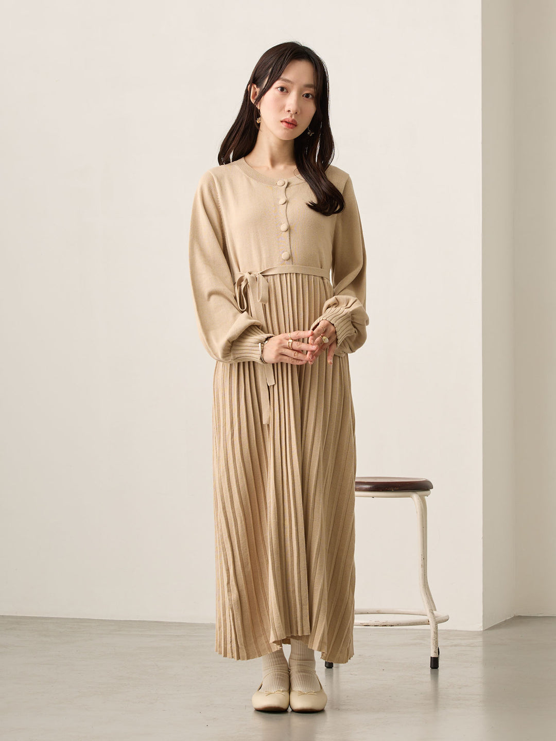 ニットプリーツワンピース Beige