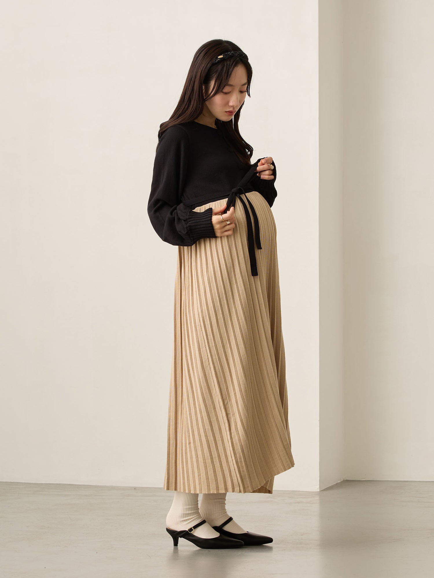 ニットプリーツワンピース Black