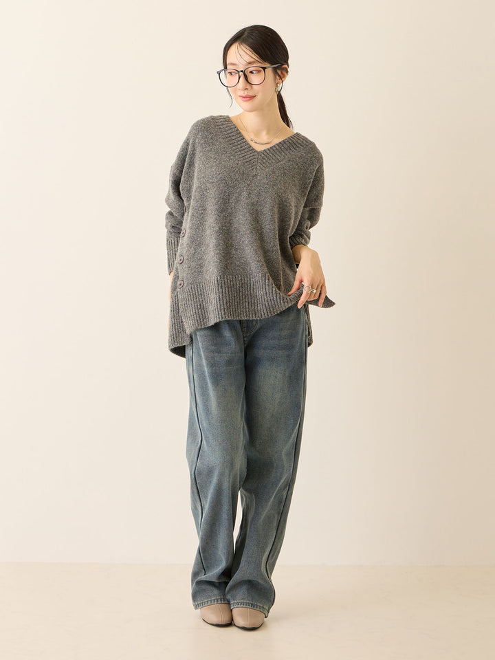 裏ボアストレートデニムパンツ Dark blue