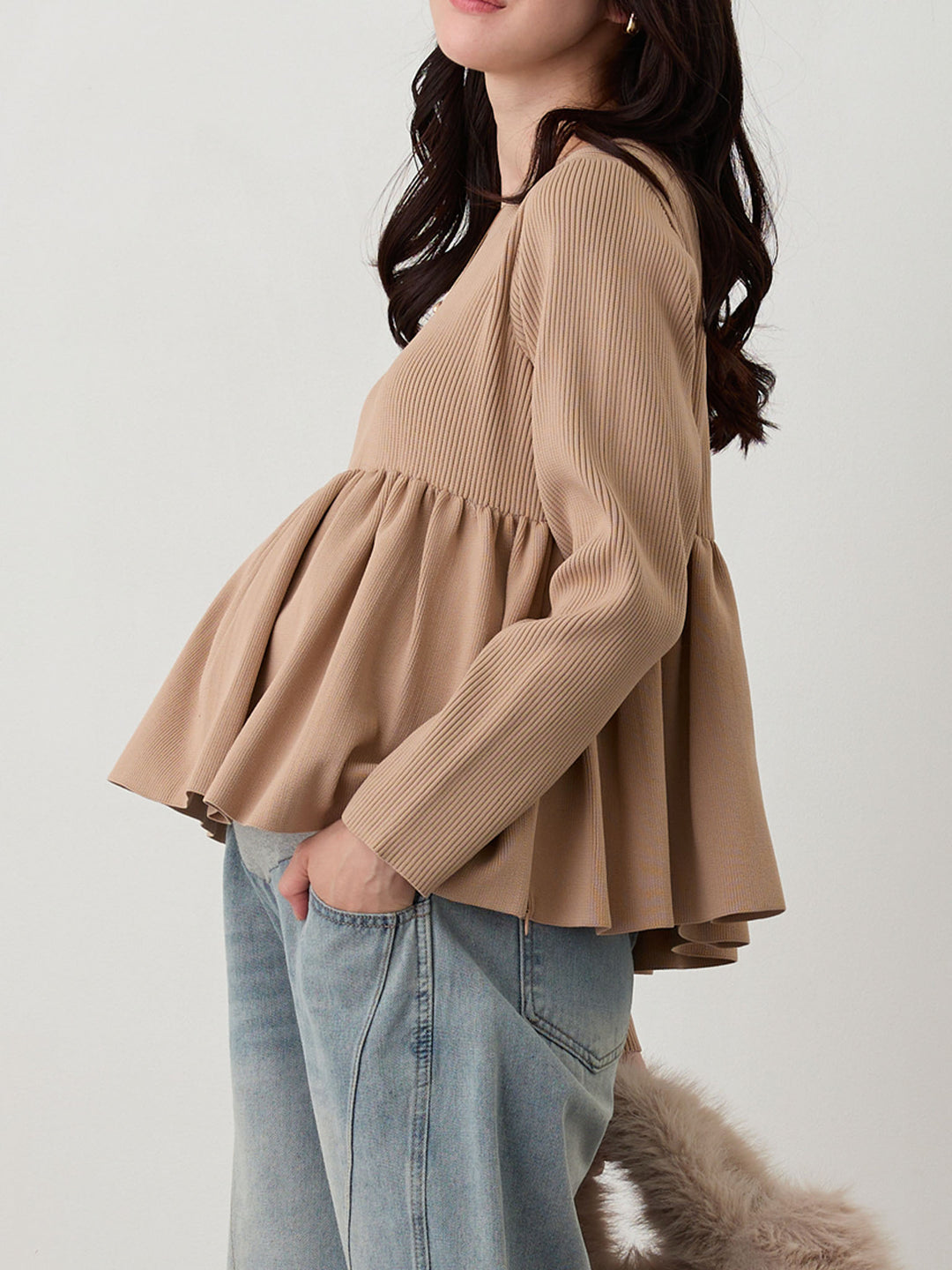 ペプラムニットトップス Pink beige