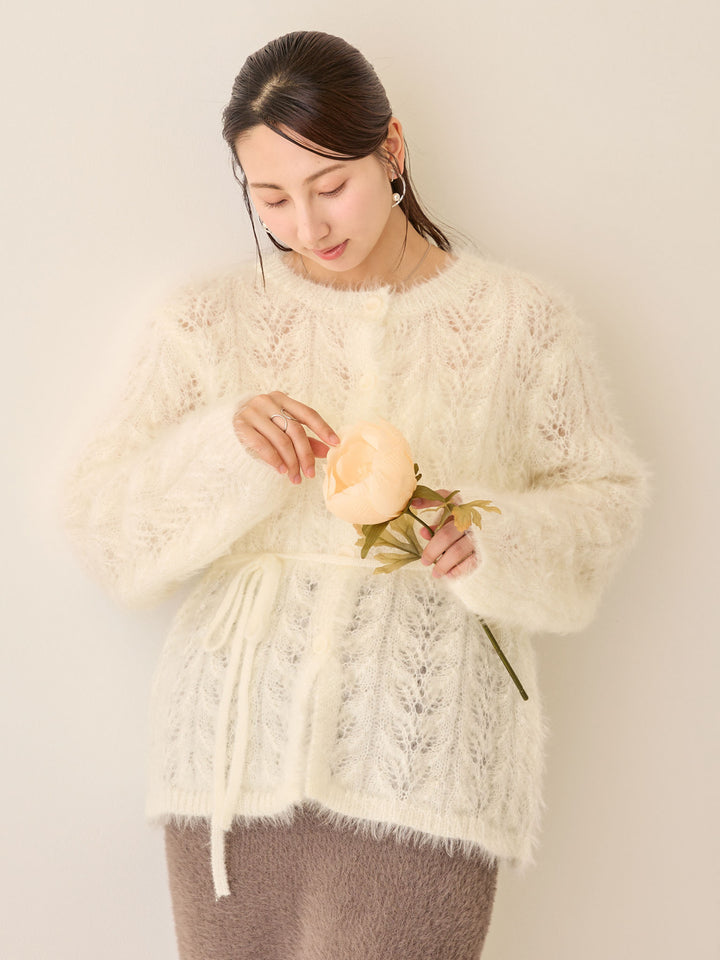 リボン付きニットカーデ White