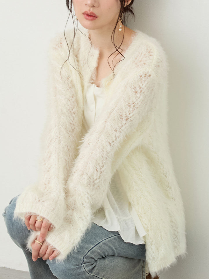 リボン付きニットカーデ White