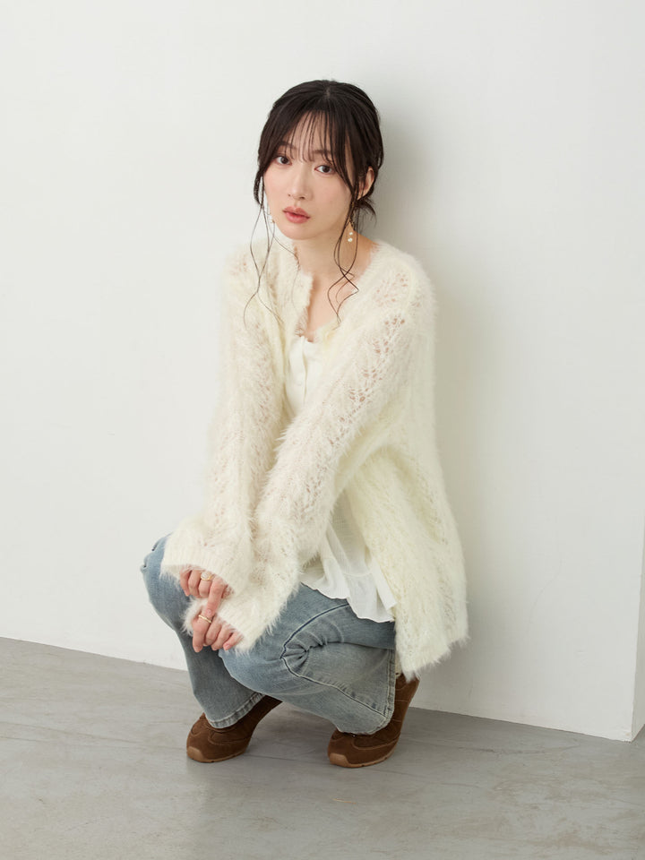 リボン付きニットカーデ White