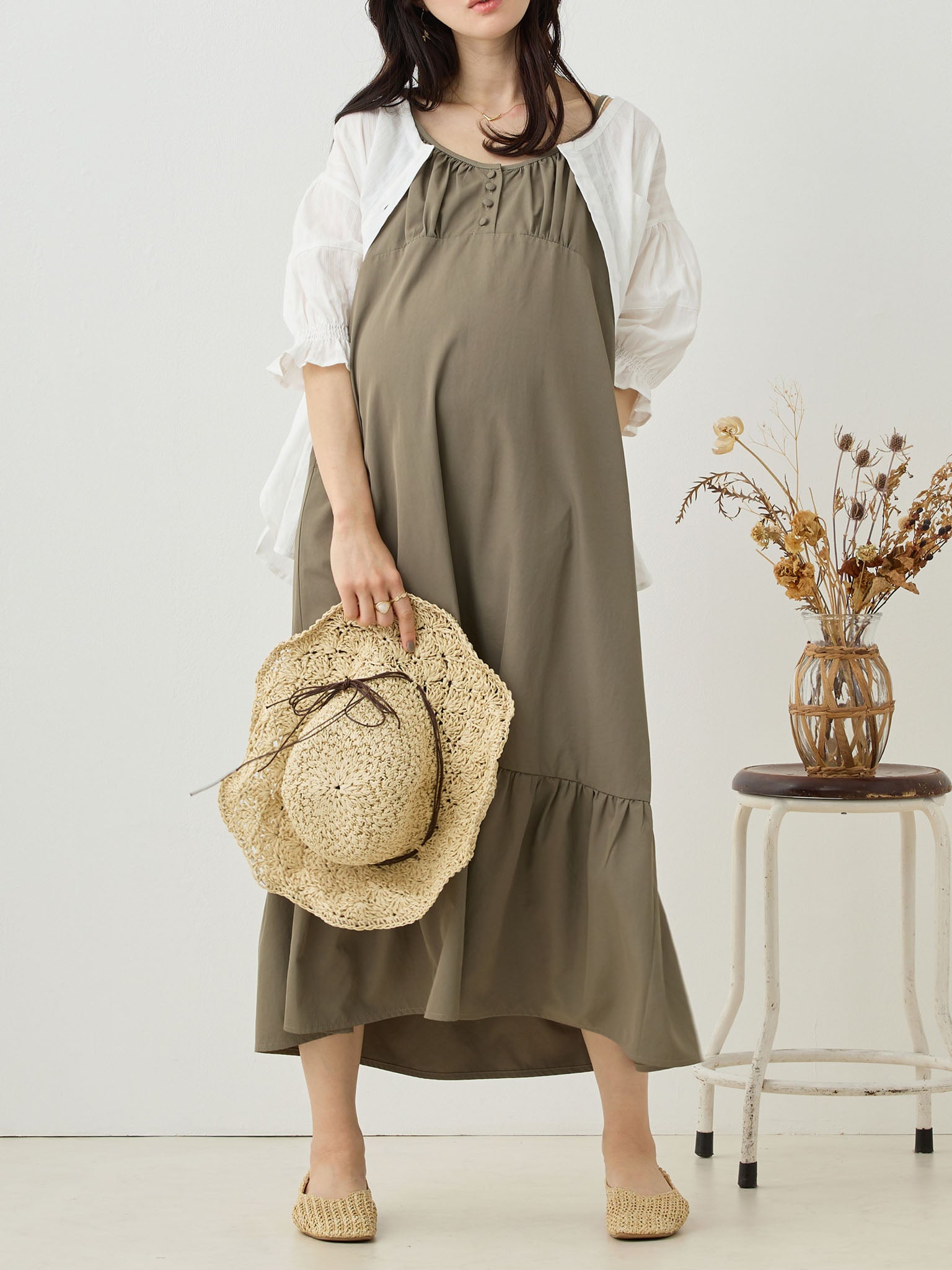 フロントボタンキャミワンピース Khaki – honono for mom&baby